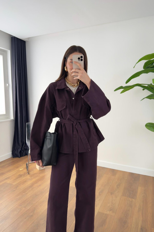 Sobela Mürdüm Kemerli Ceket Pantolon Denim Takım
