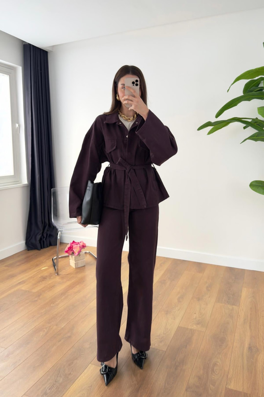 Sobela Mürdüm Kemerli Ceket Pantolon Denim Takım