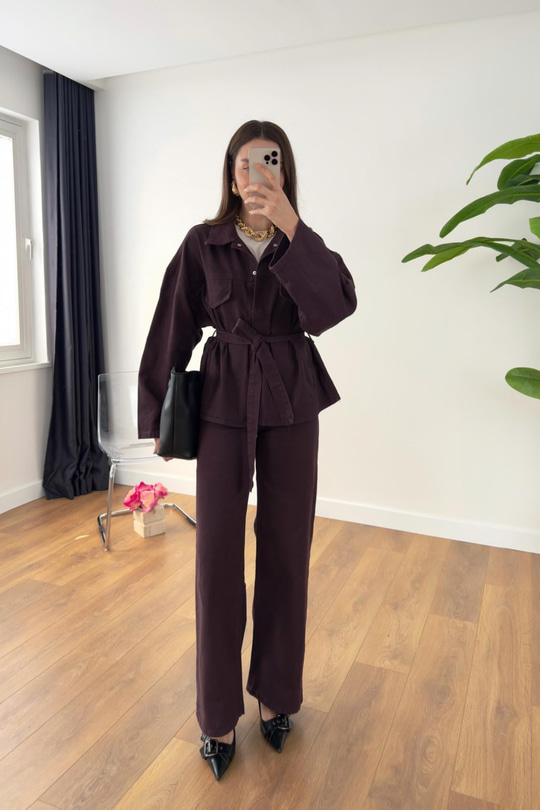Sobela Mürdüm Kemerli Ceket Pantolon Denim Takım