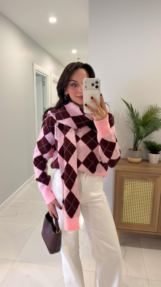 Sofna Şeker Pembe Bordo Baklava Desenli Şallı Triko