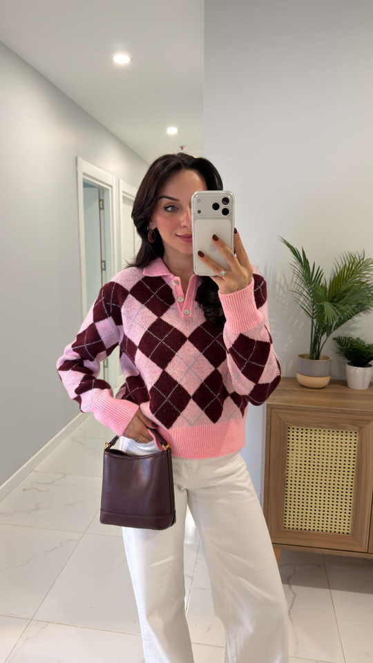 Sofna Şeker Pembe Bordo Baklava Desenli Şallı Triko