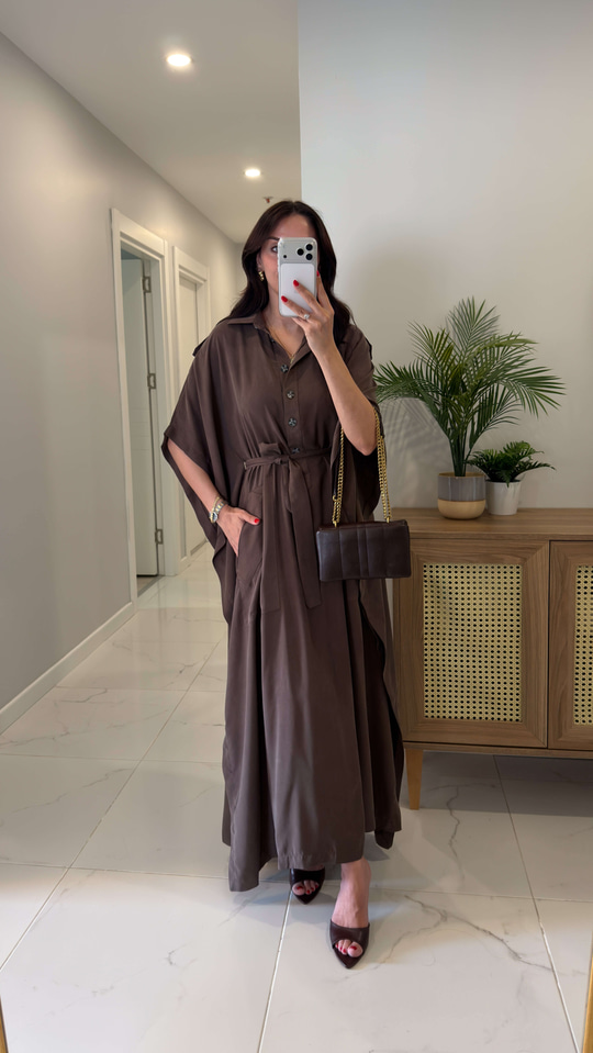 Sofye Kahve Kuşaklı Tensel Elbise