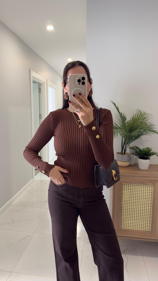 Sola Acı Kahve İnce Fitilli  Kol Detaylı Triko