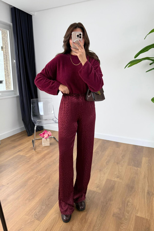 Solesa Bordo Leopar Desenli Beli Bağlamalı Pantolon