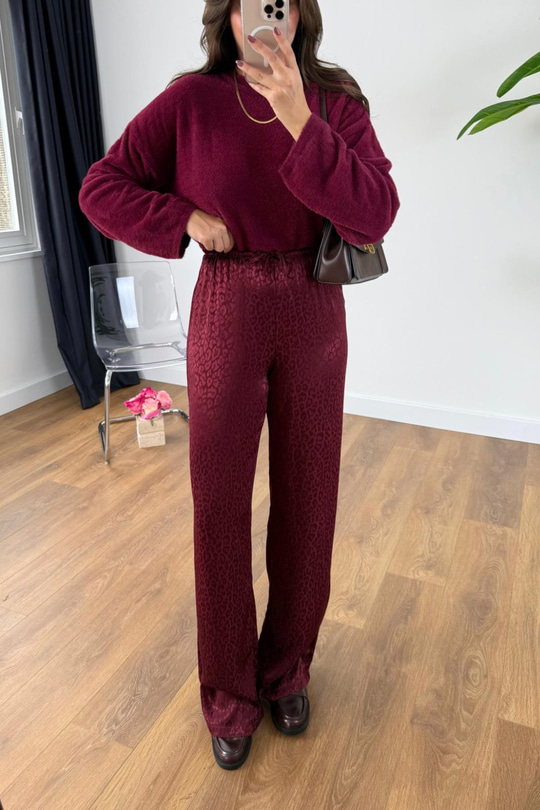 Solesa Bordo Leopar Desenli Beli Bağlamalı Pantolon