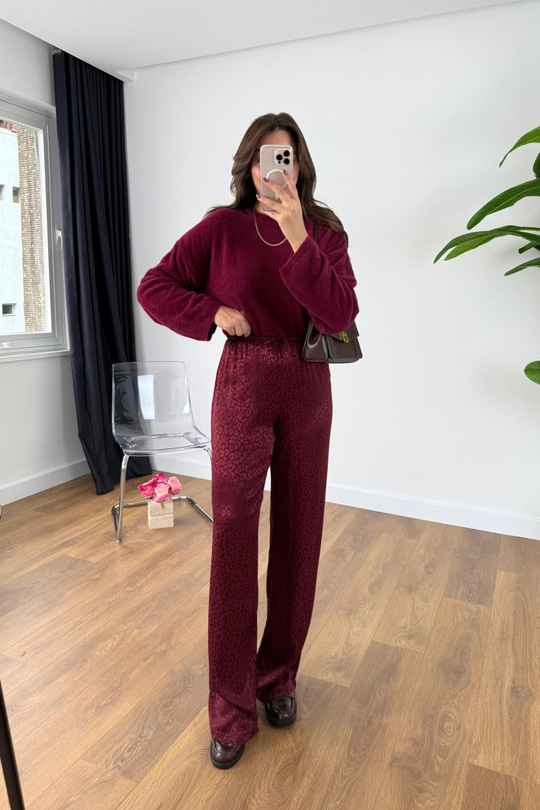 Solesa Bordo Leopar Desenli Beli Bağlamalı Pantolon