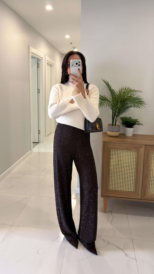 Stars Kahve Astarlı Simli Pantolon