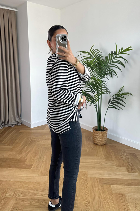 Flodi Siyah Beyaz Çizgili Basic Sweatshirt