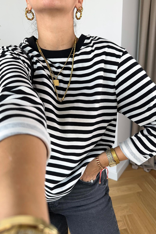 Flodi Siyah Beyaz Çizgili Basic Sweatshirt