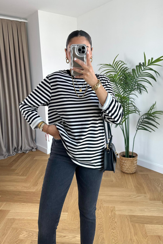 Flodi Siyah Beyaz Çizgili Basic Sweatshirt