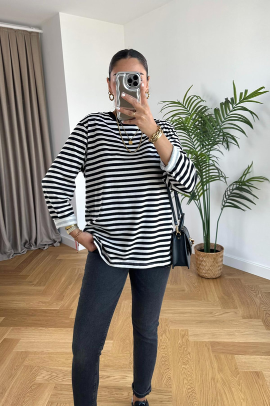 Flodi Siyah Beyaz Çizgili Basic Sweatshirt
