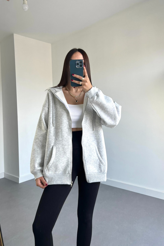 Gri Fermuar Detaylı Sweatshirt