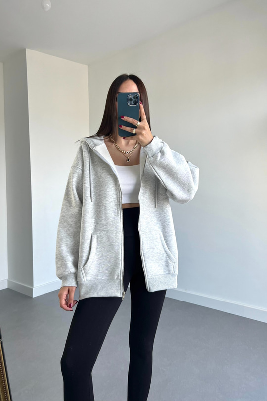 Gri Fermuar Detaylı Sweatshirt