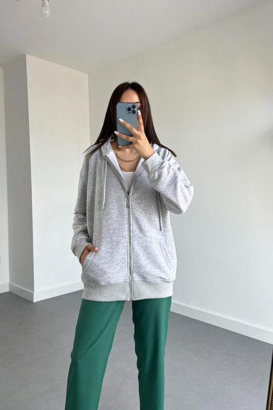 Gri Fermuarlı Sweatshirt