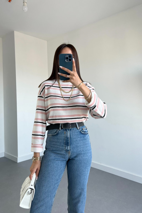 Hm Pembe Siyah Çizgili Pamuklu Sweatshirt
