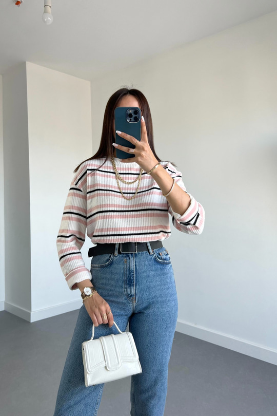 Hm Pembe Siyah Çizgili Pamuklu Sweatshirt
