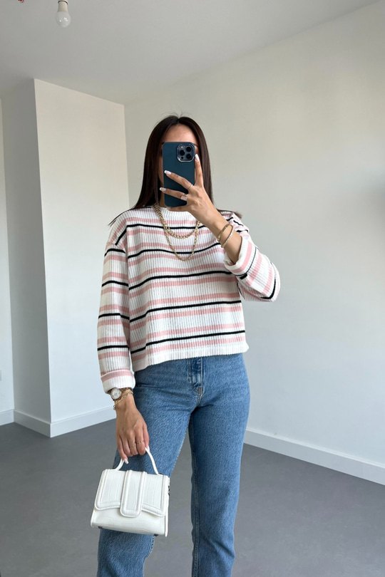 Hm Pembe Siyah Çizgili Pamuklu Sweatshirt