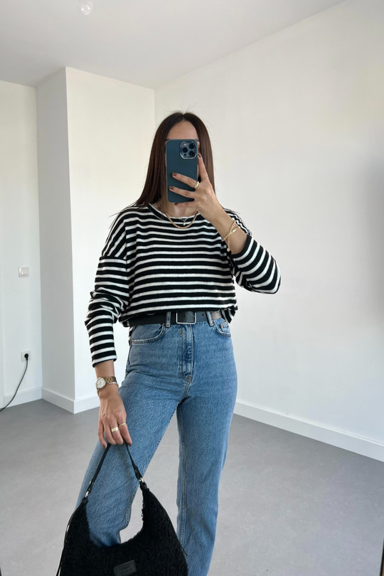 HM Siyah Beyaz Çizgili Sweatshirt