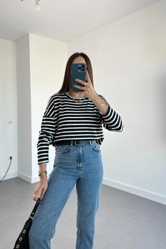 HM Siyah Beyaz Çizgili Sweatshirt