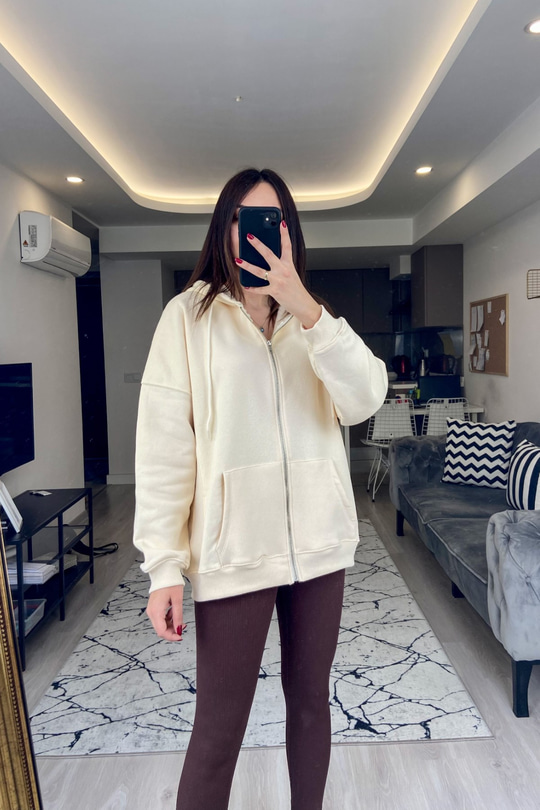 Krem Fermuarlı Kapüşonlu Sweatshirt