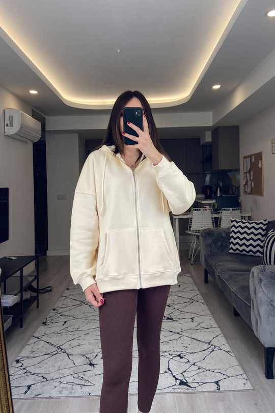 Krem Fermuarlı Kapüşonlu Sweatshirt