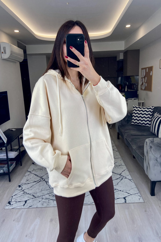 Krem Fermuarlı Kapüşonlu Sweatshirt