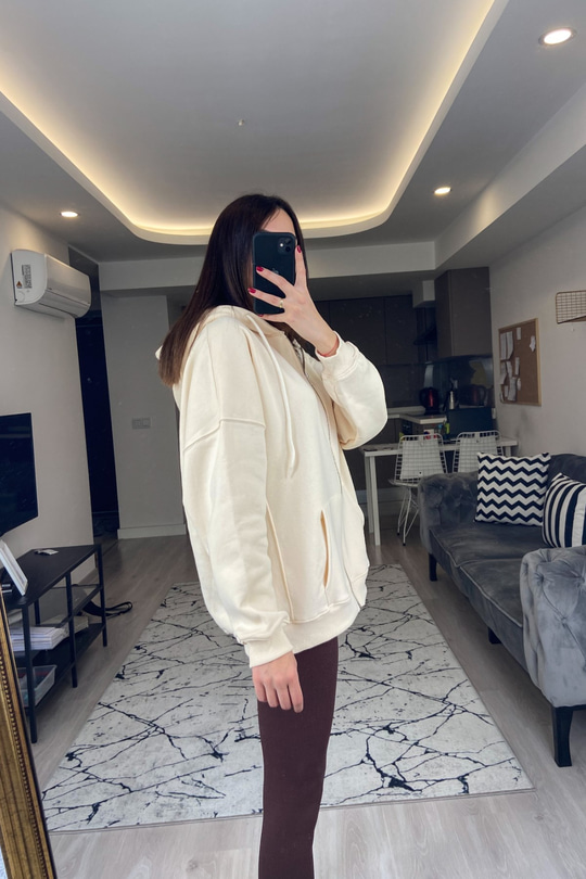 Krem Fermuarlı Kapüşonlu Sweatshirt