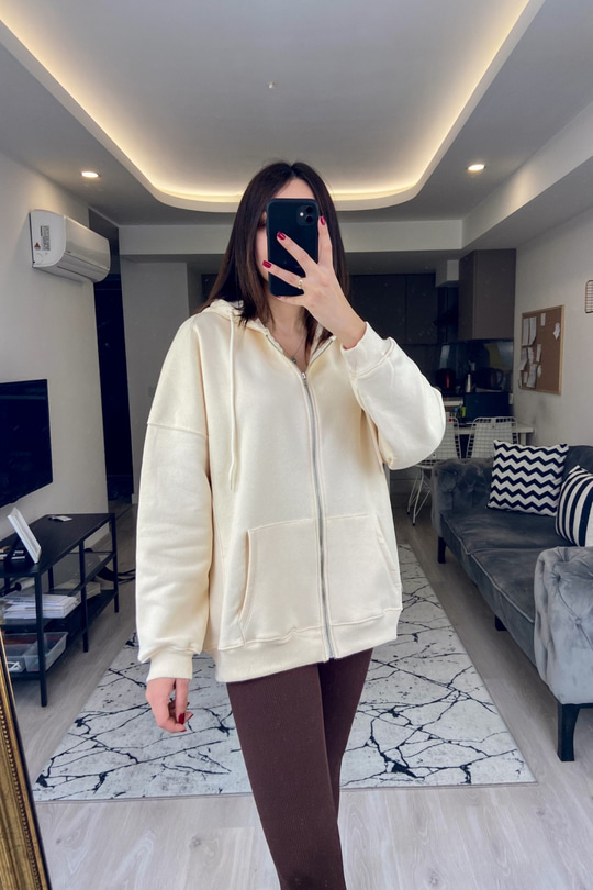 Krem Fermuarlı Kapüşonlu Sweatshirt