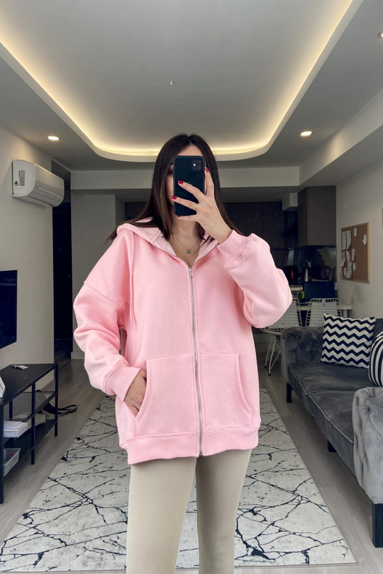 Pembe Fermuarlı Kapüşonlu Sweatshirt