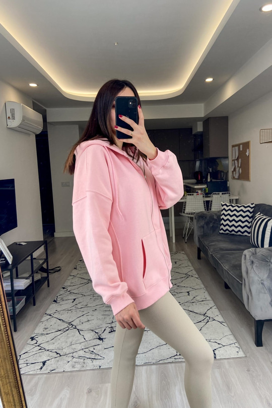 Pembe Fermuarlı Kapüşonlu Sweatshirt