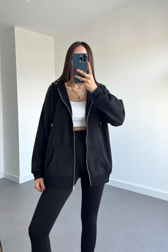 Siyah Fermuar Detaylı Sweatshirt