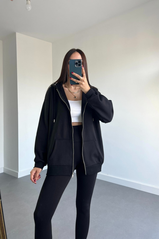Siyah Fermuar Detaylı Sweatshirt