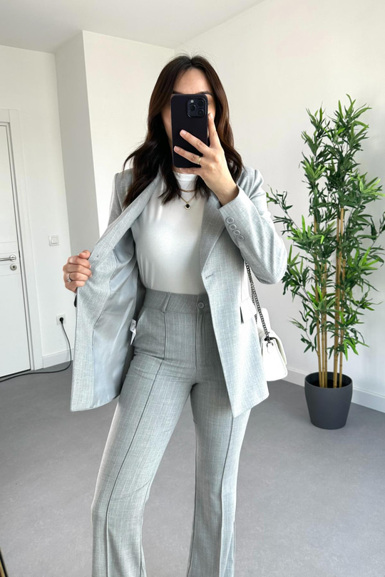 Açık Gri Çizgili Premium Blazer Pantolon Takım