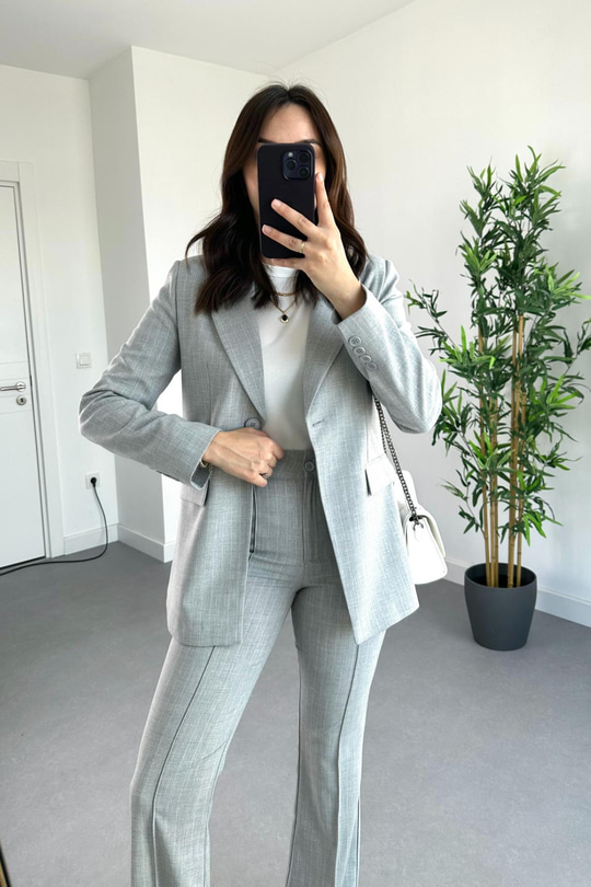 Açık Gri Çizgili Premium Blazer Pantolon Takım