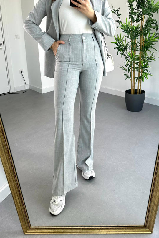 Açık Gri Çizgili Premium Blazer Pantolon Takım