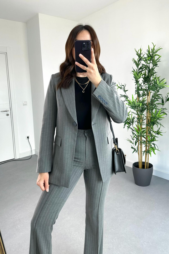 Füme Çizgili Premium Blazer Pantolon Takım