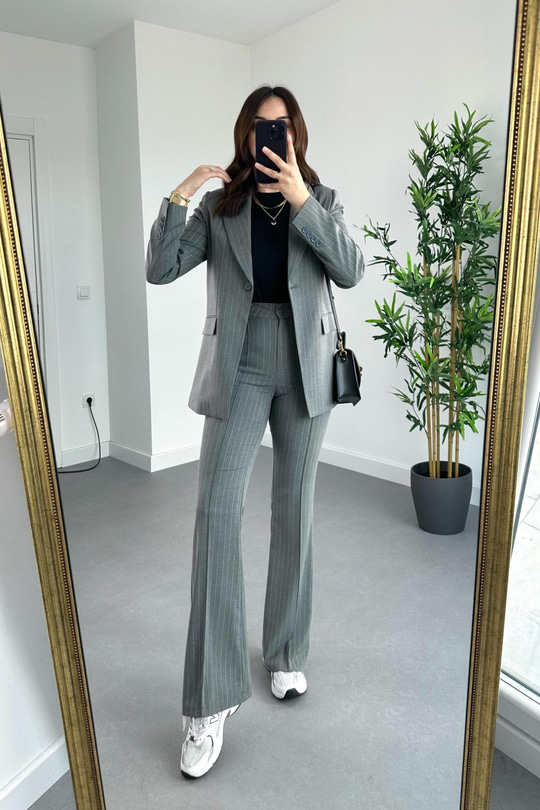 Füme Çizgili Premium Blazer Pantolon Takım