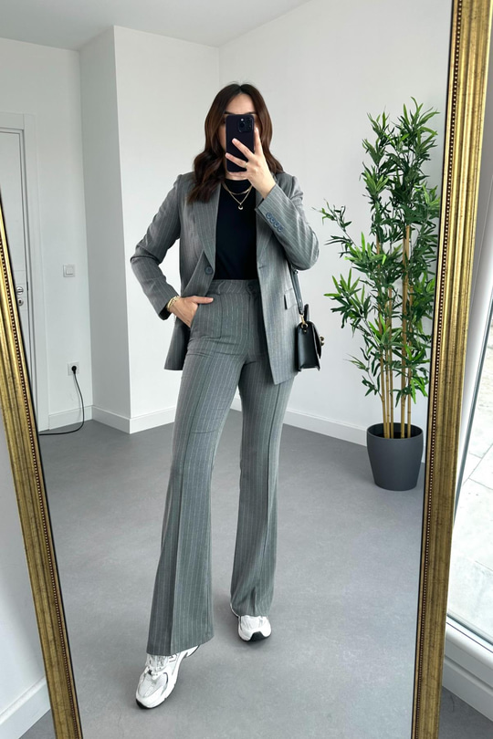 Füme Çizgili Premium Blazer Pantolon Takım