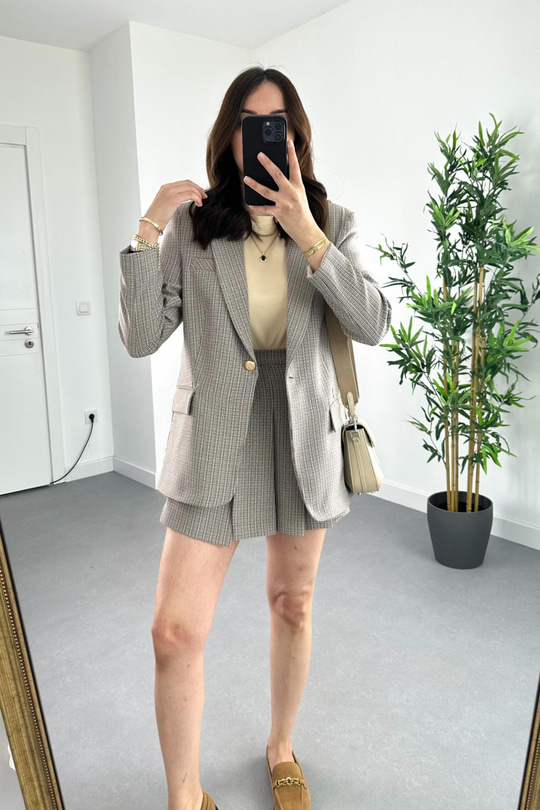 Kahverengi Pitikare Desenli Şort Etek Blazer Takım