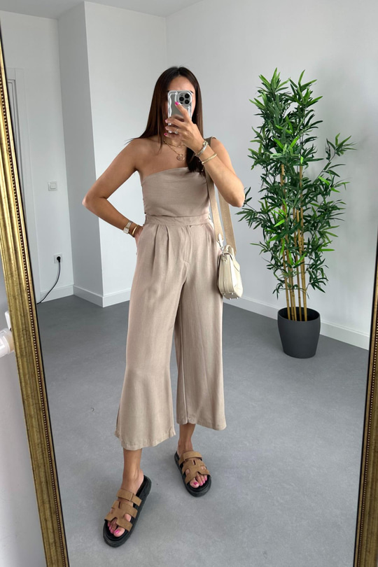 Nelina Bej Crop Pantolon Keten Takım
