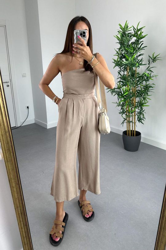 Nelina Bej Crop Pantolon Keten Takım