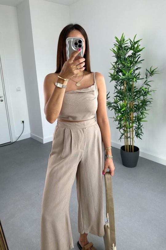 Nelina Bej Crop Pantolon Keten Takım