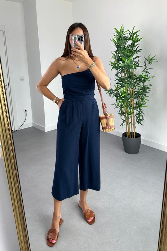 Nelina Lacivert Crop Pantolon Keten Takım