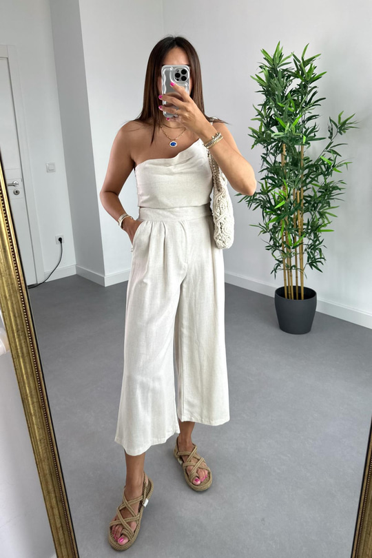 Nelina Natural Crop Pantolon Keten Takım