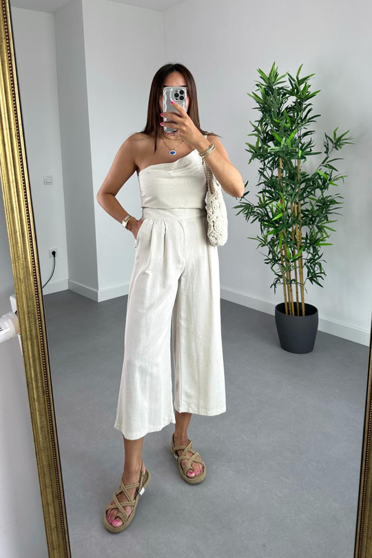 Nelina Natural Crop Pantolon Keten Takım