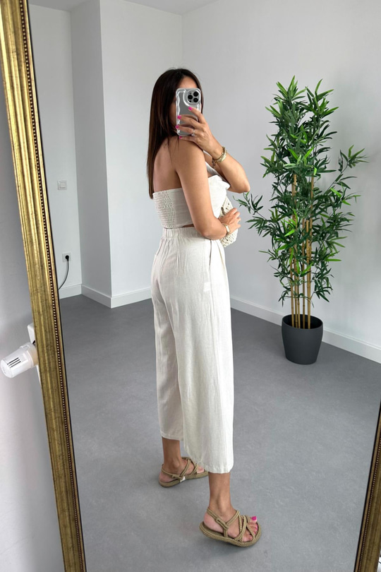 Nelina Natural Crop Pantolon Keten Takım