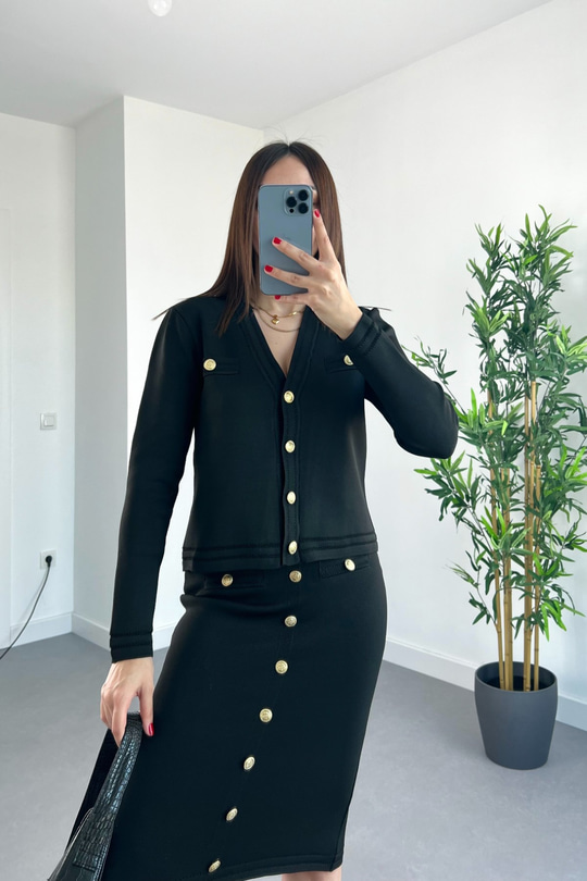 Siyah Düğme Detaylı Örme Çelik Triko Takım