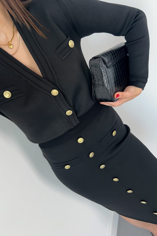 Siyah Düğme Detaylı Örme Çelik Triko Takım