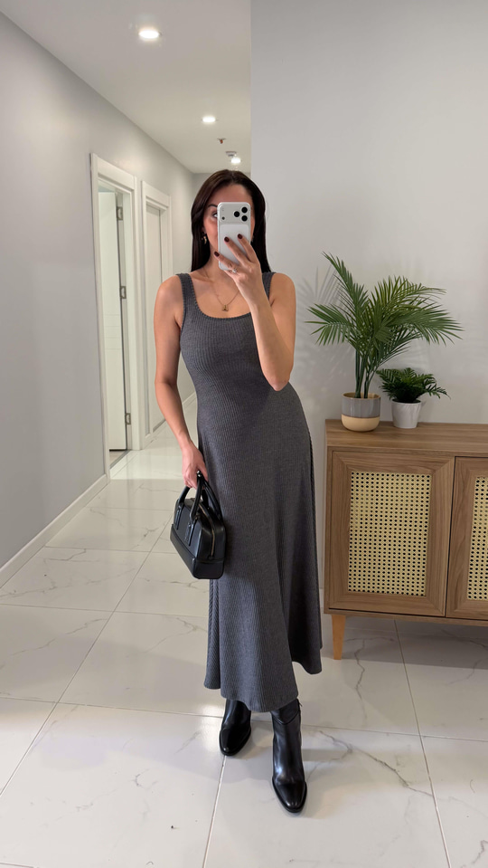 Terisa Antrasit Fitilli Örme Bluz Elbise Takım