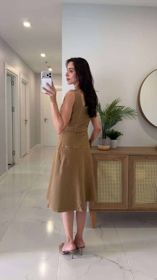 Terra Camel Soft Denim Kemerli Elbise